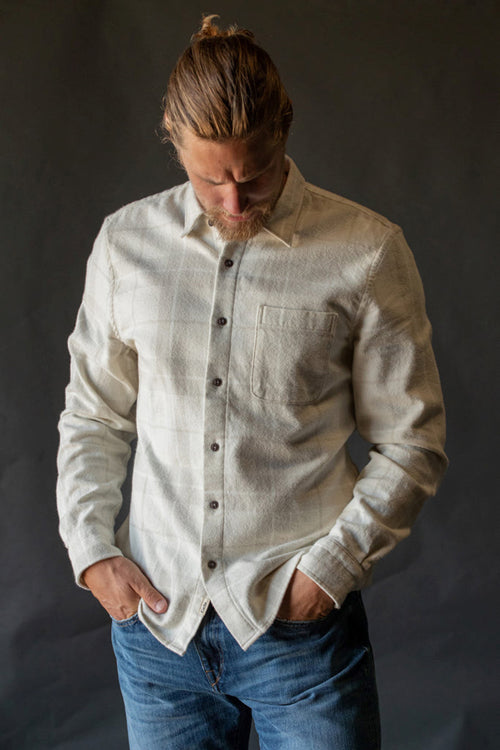 HIROSHI KATO LONG SLEEVE RIPPER SHIRT IN IVORY AND WHITE PLAID