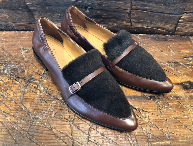 I.N.K. ROMA FLAT IN BROWN CALF WITH PONY SUEDE