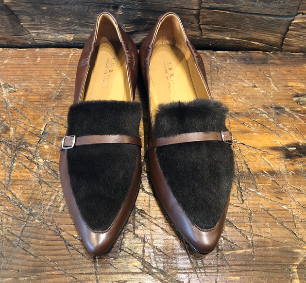 I.N.K. ROMA FLAT IN BROWN CALF WITH PONY SUEDE