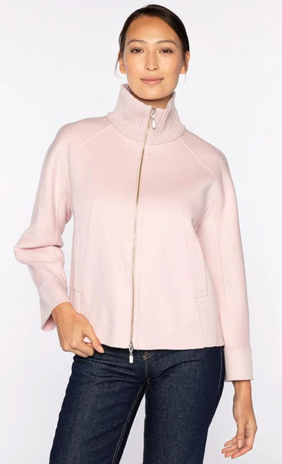 KINROSS CASHMERE SHORT KNIT TRIM ZIP MOCK COAT IN BALLET (PALE PINK)