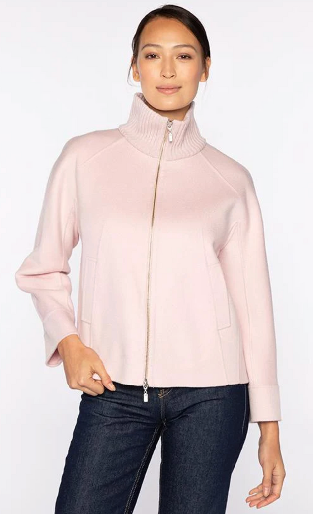 KINROSS CASHMERE SHORT KNIT TRIM ZIP MOCK COAT IN BALLET (PALE PINK)