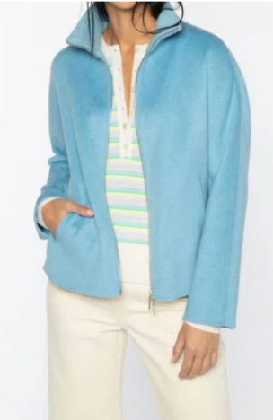 KINROSS SHORT KNIT TRIM ZIP MOCK COAT IN COMO BLUE