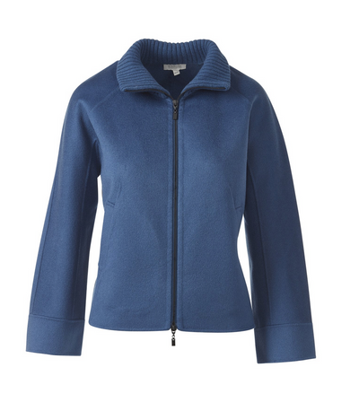 KINROSS CASHMERE SHORT KNIT TRIM ZIP MOCK COAT IN SAPHIRE