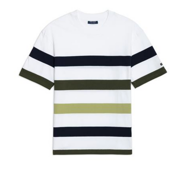 SAINT JAMES OF FRANCE MEN'S PHILEAS STRIPED 100% COTTON TEE IN WHITE/OLIVE