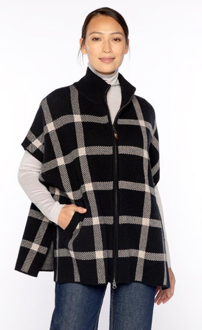 KINROSS CASHMERE SLEEVELESS ZIP MOCK CARDIGAN IN BLACK/TAUPE