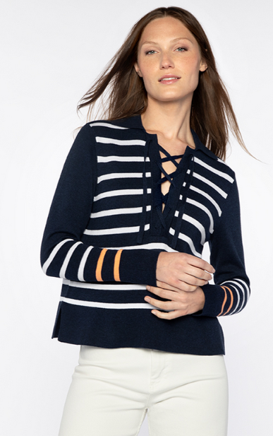KINROSS STRIPED LACE-UP POLO IN NAVY WITH WHITE & PAPAYA STRIPES