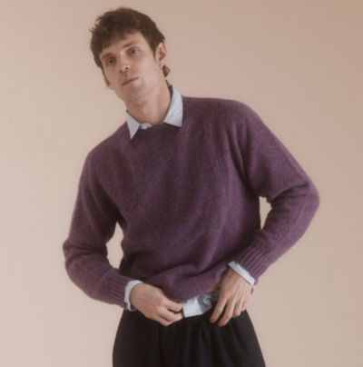 Harley of Scotland Men's Supersoft Wool Crew Neck Sweater in Calluna Shaggy Brush