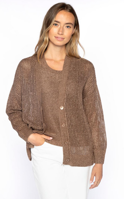 KINROSS OPEN TEXTURED LUREX CARDIGAN SWEATER IN SADDLE