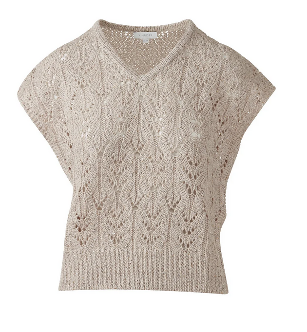 KINROSS SEQUIN CAP SLEEVE OPENWORK VEE IN STRAW