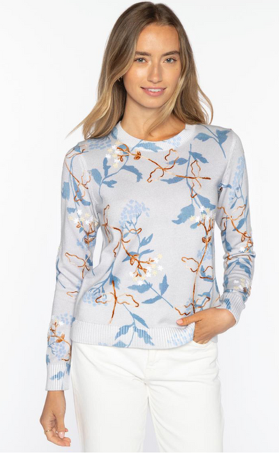 KINROSS PRINTED & EMBROIDERED FLORAL CREW NECK SWEATER IN DOVE