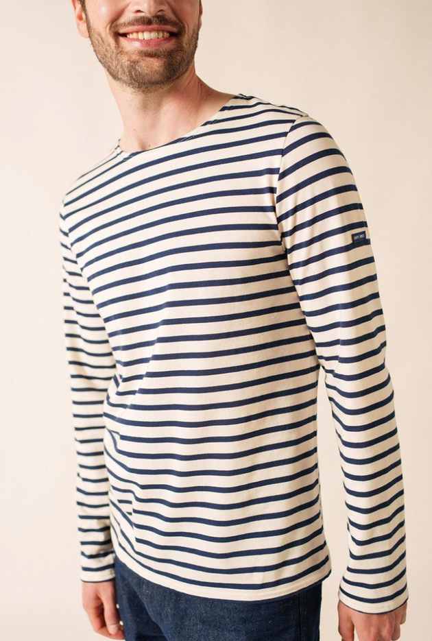 SAINT JAMES OF FRANCE MINQUIERS MODERN BRETON STRIPED SHIRT IN ECRU/MARINE