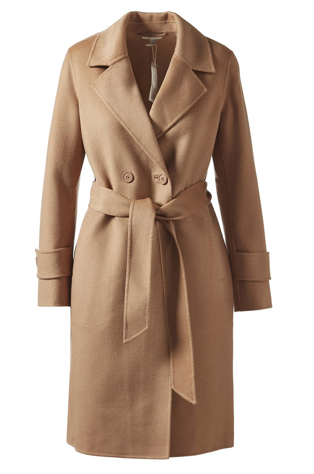 KINROSS NOTCH COLLAR BELTED CASHMERE/WOOL BLEND COAT IN CAMEL