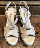 CORDANI TAHLIA SHIMMER HEELED PLATFORM SANDAL IN GRANITO CORDA LEATHER