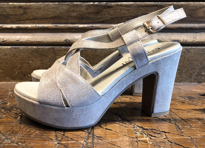 CORDANI TAHLIA SHIMMER HEELED PLATFORM SANDAL IN GRANITO CORDA LEATHER