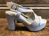 CORDANI TAHLIA SHIMMER HEELED PLATFORM SANDAL IN GRANITO CORDA LEATHER