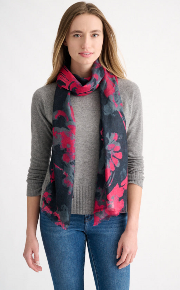 KINROSS CASHMERE TAPESTRY PRINT SCARF IN CRANBERRY MULTI