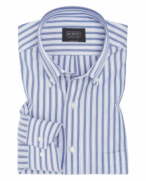 Mirto Long Sleeve Sport Shirt in White with Blue Stripes