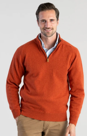 WILLIAM LOCKIE LEVEN ZIP-NECK LAMBSWOOL SWEATER IN EMBER