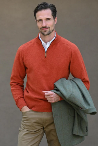 WILLIAM LOCKIE LEVEN ZIP-NECK LAMBSWOOL SWEATER IN EMBER