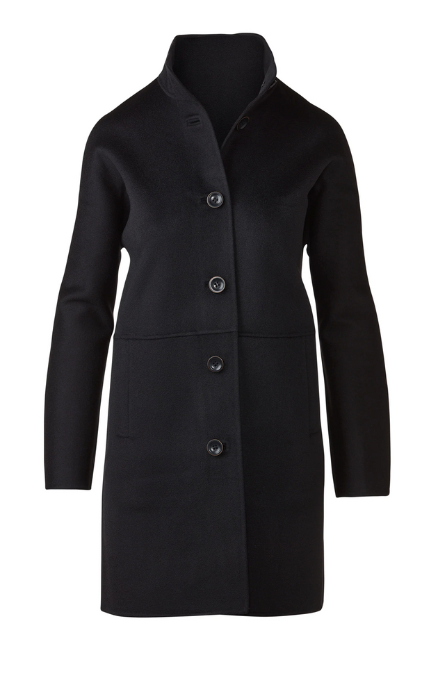 KINROSS CASHMERE HIGH BUTTON MOCK NECK COAT IN BLACK