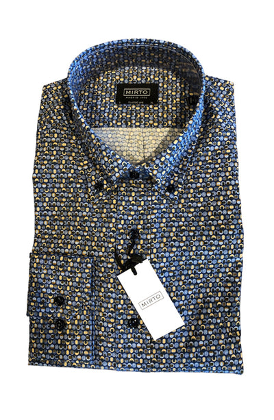Mirto Long Sleeve Sport Shirt in Blue Geometric Pattern