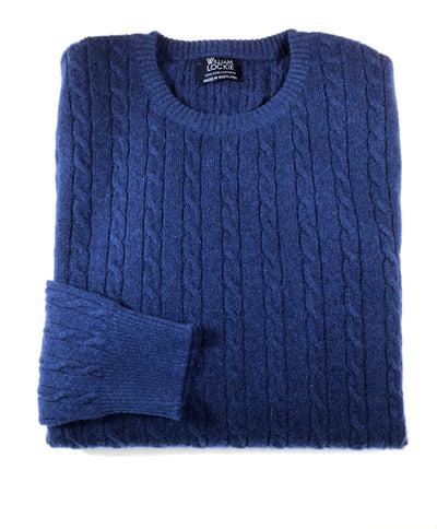 William Lockie Men's Cashmere Cable Crew Neck in Inchiostro Blue