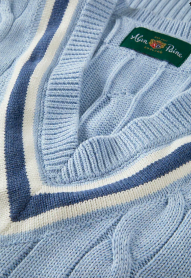 ALAN PAINE MEN'S CHADBURY CABLE CRICKET SWEATER VEST IN STEEL BLUE
