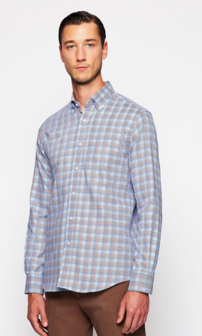 Mirto Long Sleeve Sport Shirt in Light Blue with Dark Blue, Red, Tan Plaid