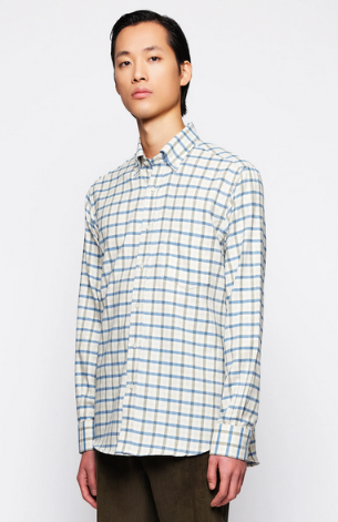 Mirto Long Sleeve Sport Shirt in Creme with Blue/Olive/Tan Plaid