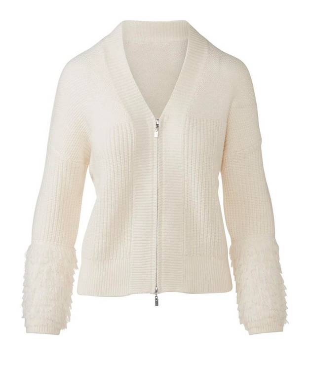 KINROSS CASHMERE FRINGE SLEEVE V-CARDIGAN IN IVORY