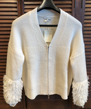 KINROSS CASHMERE FRINGE SLEEVE V-CARDIGAN IN IVORY