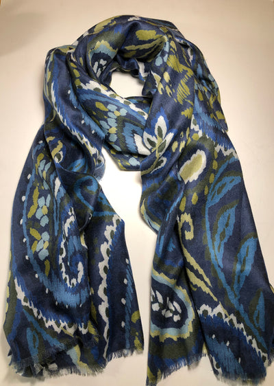 KINROSS CASHMERE PAINTED PAISLEY PRINT SCARF IN SAPPHIRE MULTI