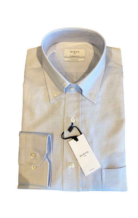 Mirto Long Sleeve Sport Shirt in Pale Blue Pique Cotton