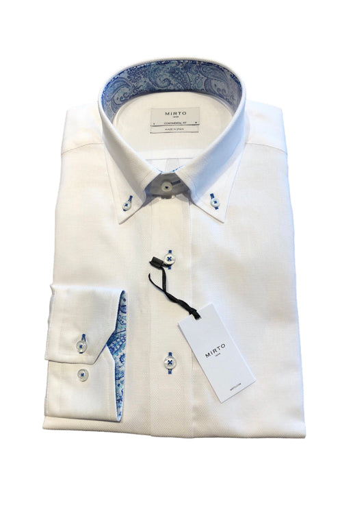 Mirto Long Sleeve Button Down Sport Shirt in White with Paisley Trim