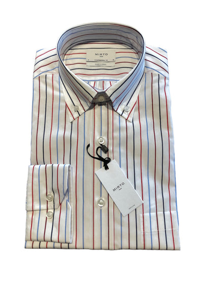 Mirto Long Sleeve White Button Down Sport Shirt with Multi-Colored Stripes