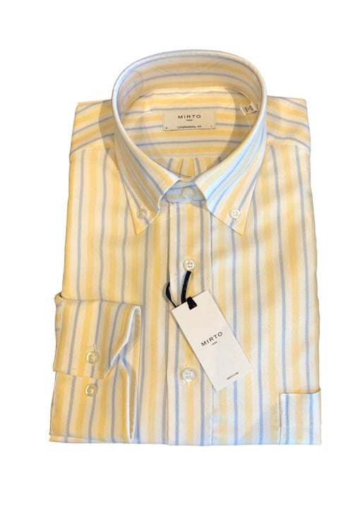 Mirto Long Sleeve Sport Shirt in White with Yellow & Blue Stripes