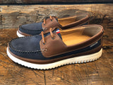 Mephisto Trevis Boat Shoe in Navy Nubuck Leather and Tan Leather Trim