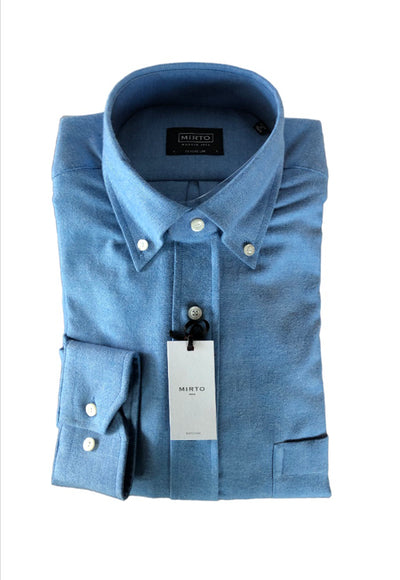 Mirto Long Sleeve Sport Shirt in Solid Blue Herringbone